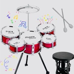 Children's Red Drum Set with Stool